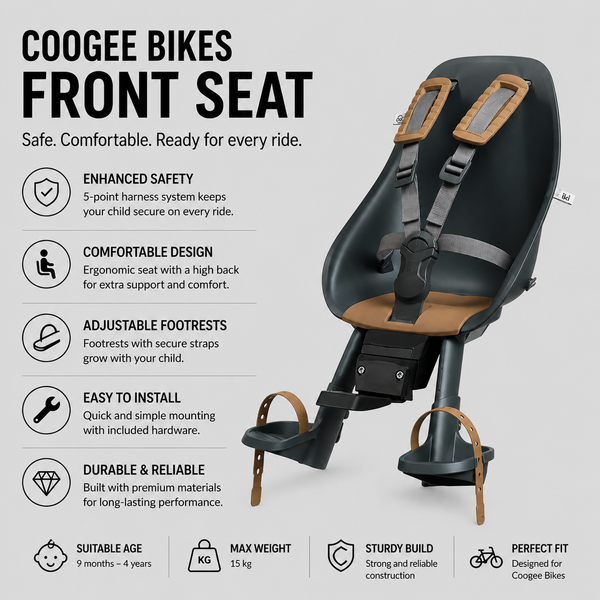 Coogee Bikes front seat with features listed on a gray background
